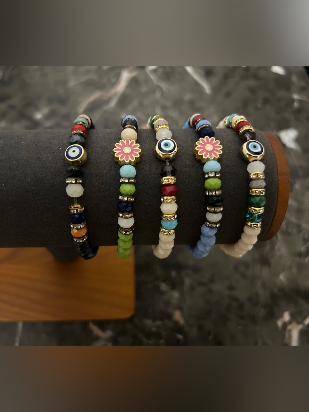 Multicolor Beaded Flower & Evil Eye Stretch Bracelets from Dubai (Pink One)